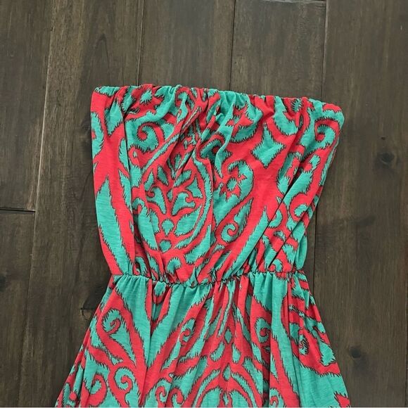 Cezanne Strapless Teal & Red Damask Print Maxi Dress M - Picture 3 of 5